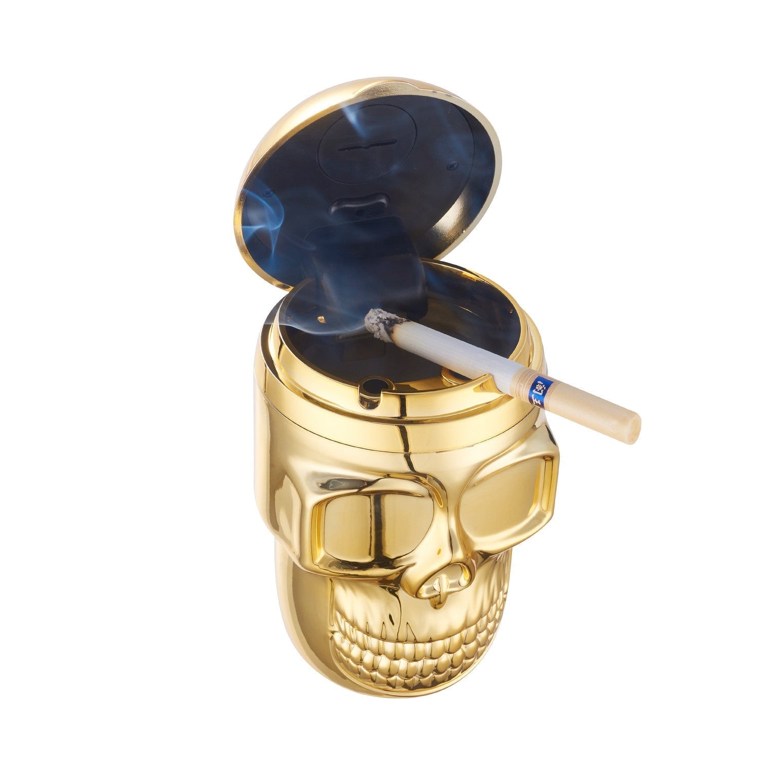 Metallic Skull Auto Aschenbecher mit LED Beleuchtung offen mit Rauch