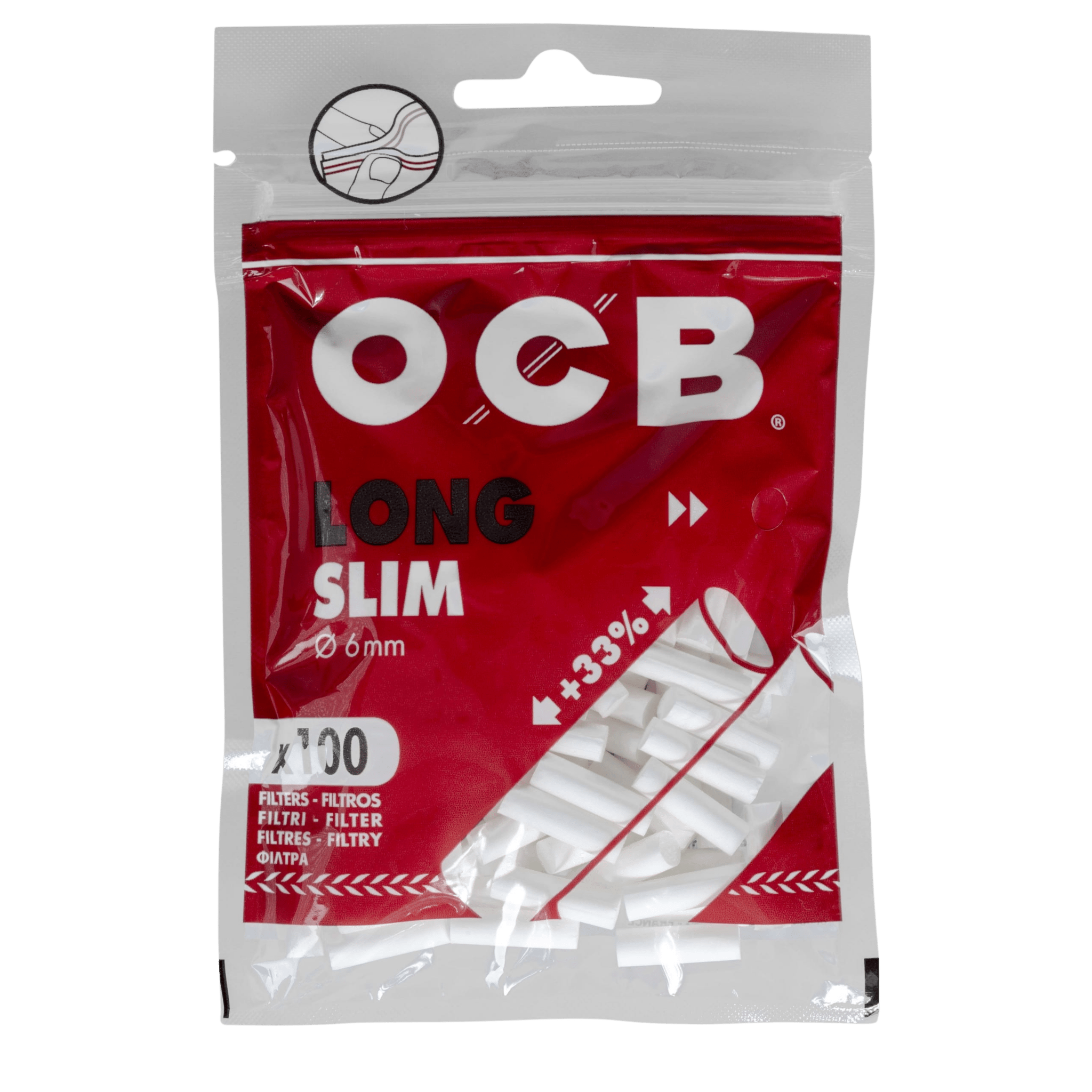 OCB Zigarettenfilter Slim Long 6mm Packung mit 100 hochwertigen Filtern für ein besseres Raucherlebnis.