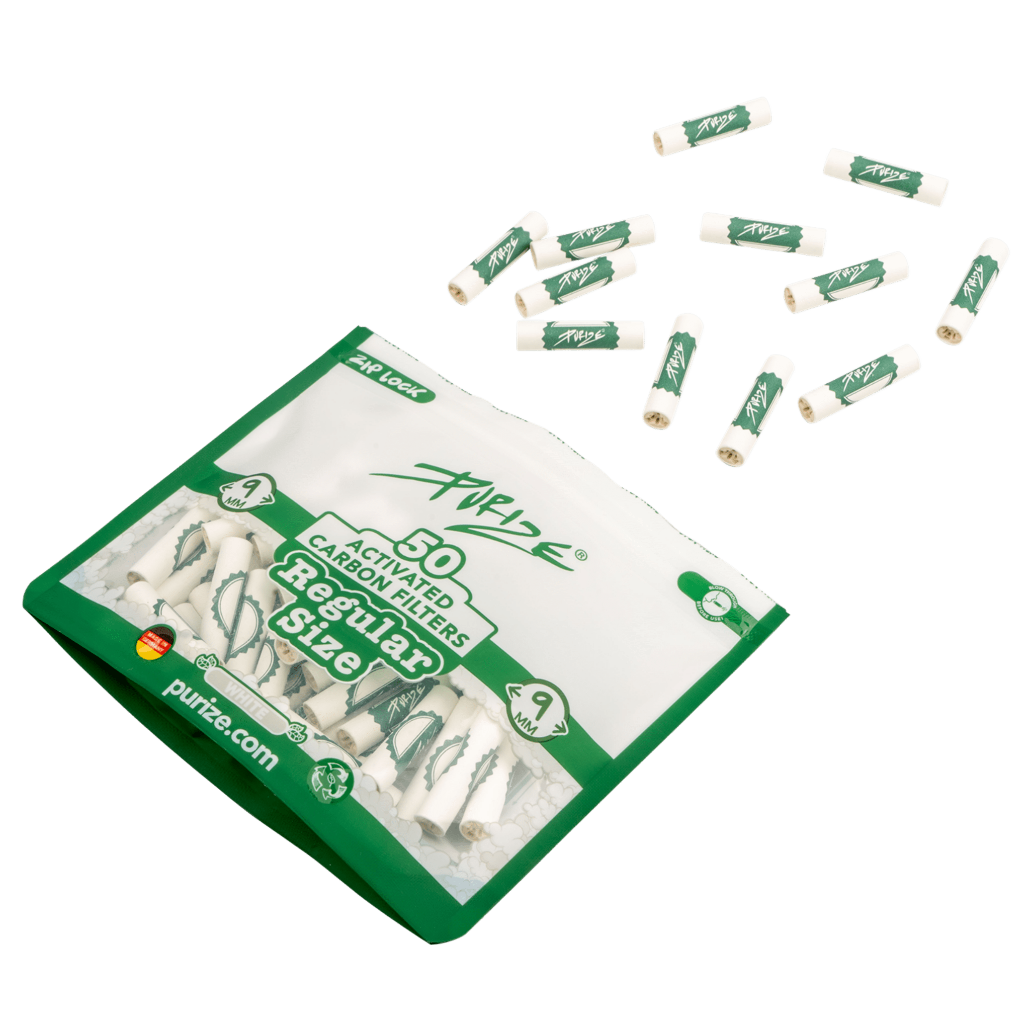 Nahaufnahme PURIZE Regular 9mm Aktivkohlefilter in Weiss