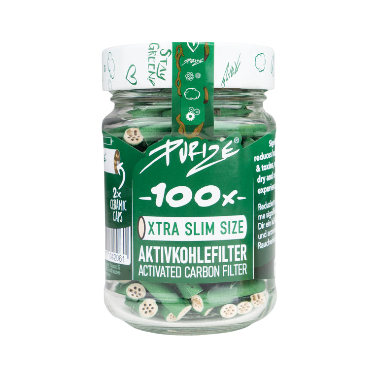 Purize Xtra Slim Aktivkohlefilter 6 mm in Grün im Glas, 100 Stück