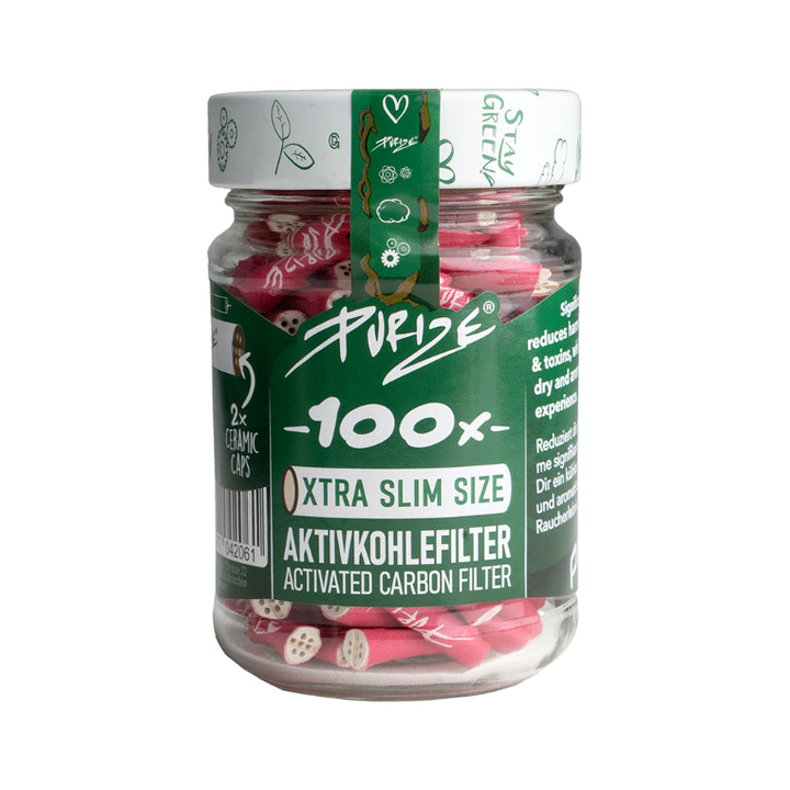 Purize Xtra Slim Aktivkohlefilter 6 mm in Pink im Glas, 100 Stück
