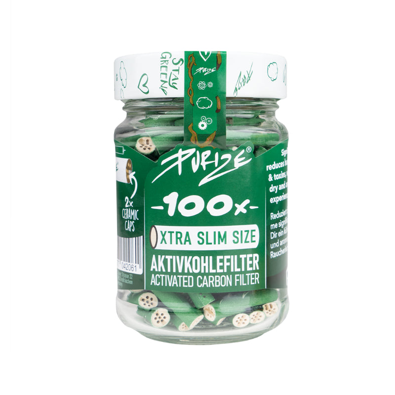 Purize Xtra Slim Aktivkohlefilter 6 mm in Grün im Glas, 100 Stück