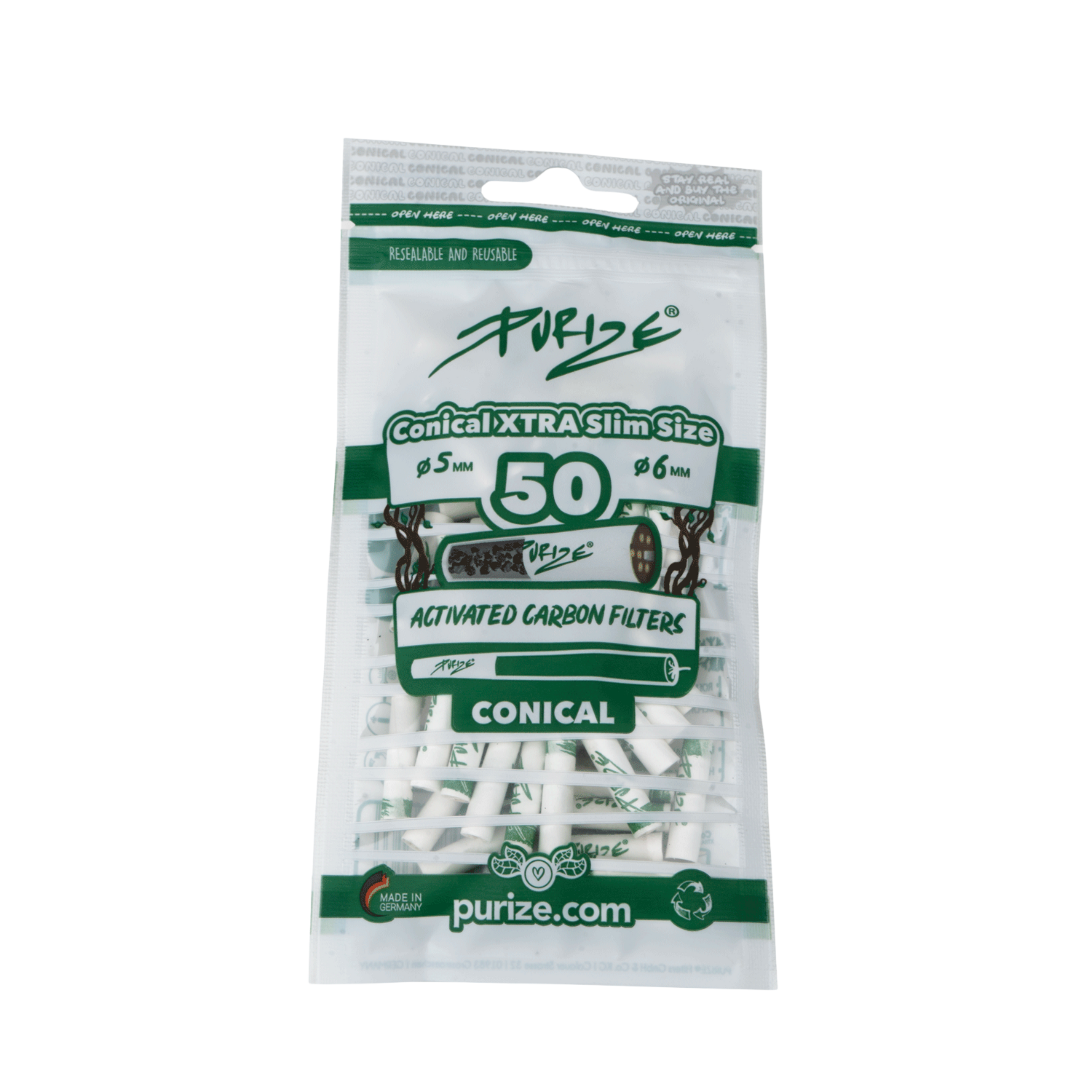 PURIZE Conical XTRA Slim Aktivkohlefilter 5–6mm White 50 Stück