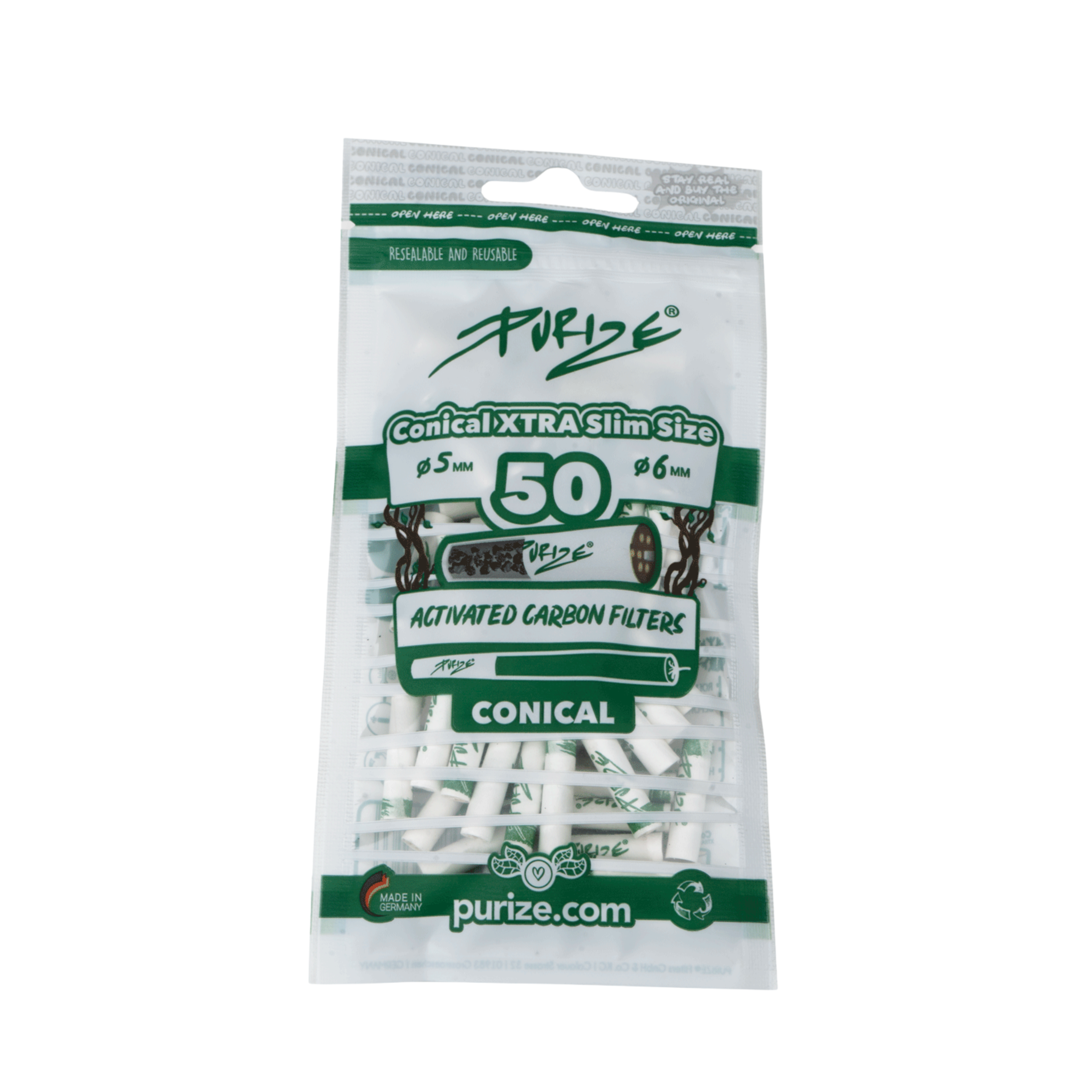 PURIZE Conical XTRA Slim Aktivkohlefilter 5–6mm White 50 Stück