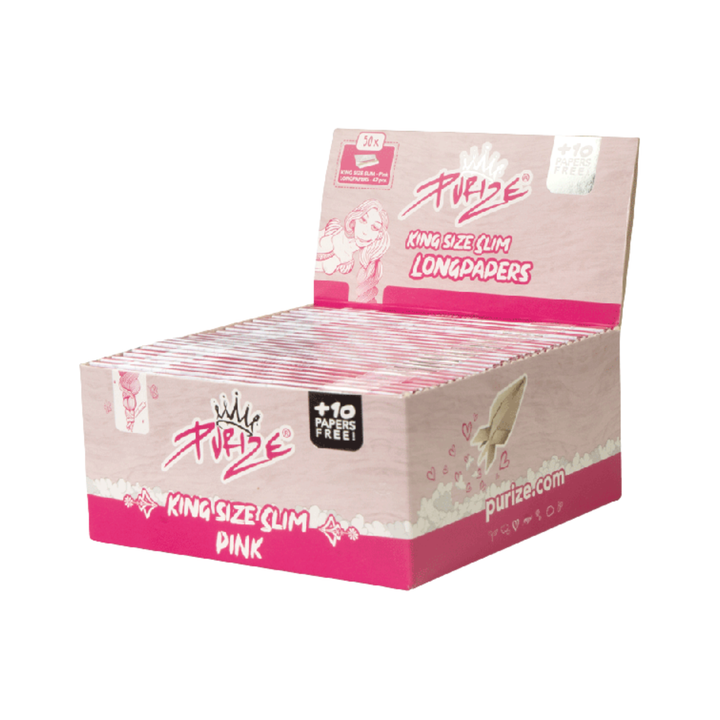 Offenes Display der PURIZE Pink Papers mit 50 Packungen