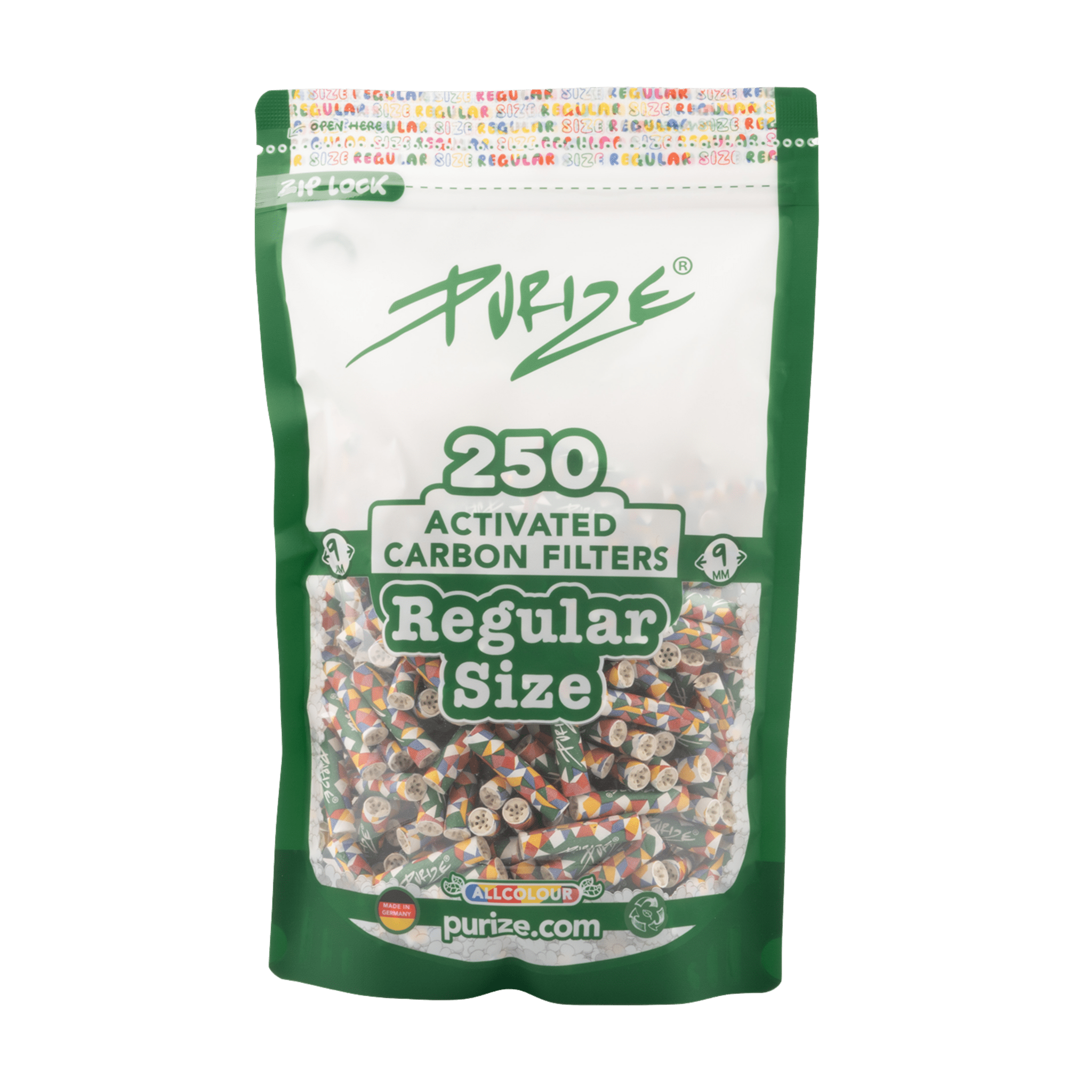 PURIZE Regular 9mm Aktivkohlefilter Allcolor 250 Stück Beutel