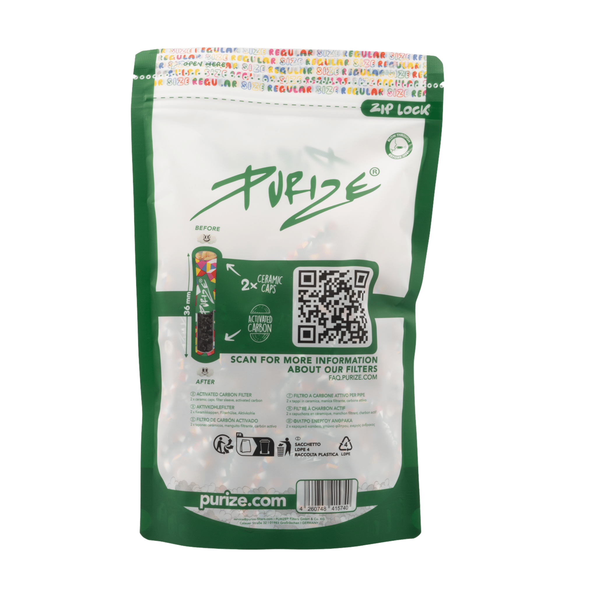 Rückseite PURIZE Regular 9mm Allcolor Aktivkohlefilter 250 Stück