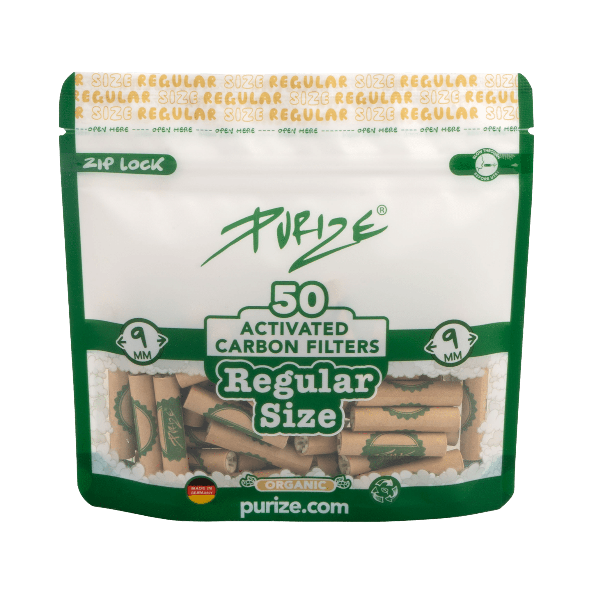 PURIZE Regular 9mm Organic Aktivkohlefilter 50 Stück Beutel