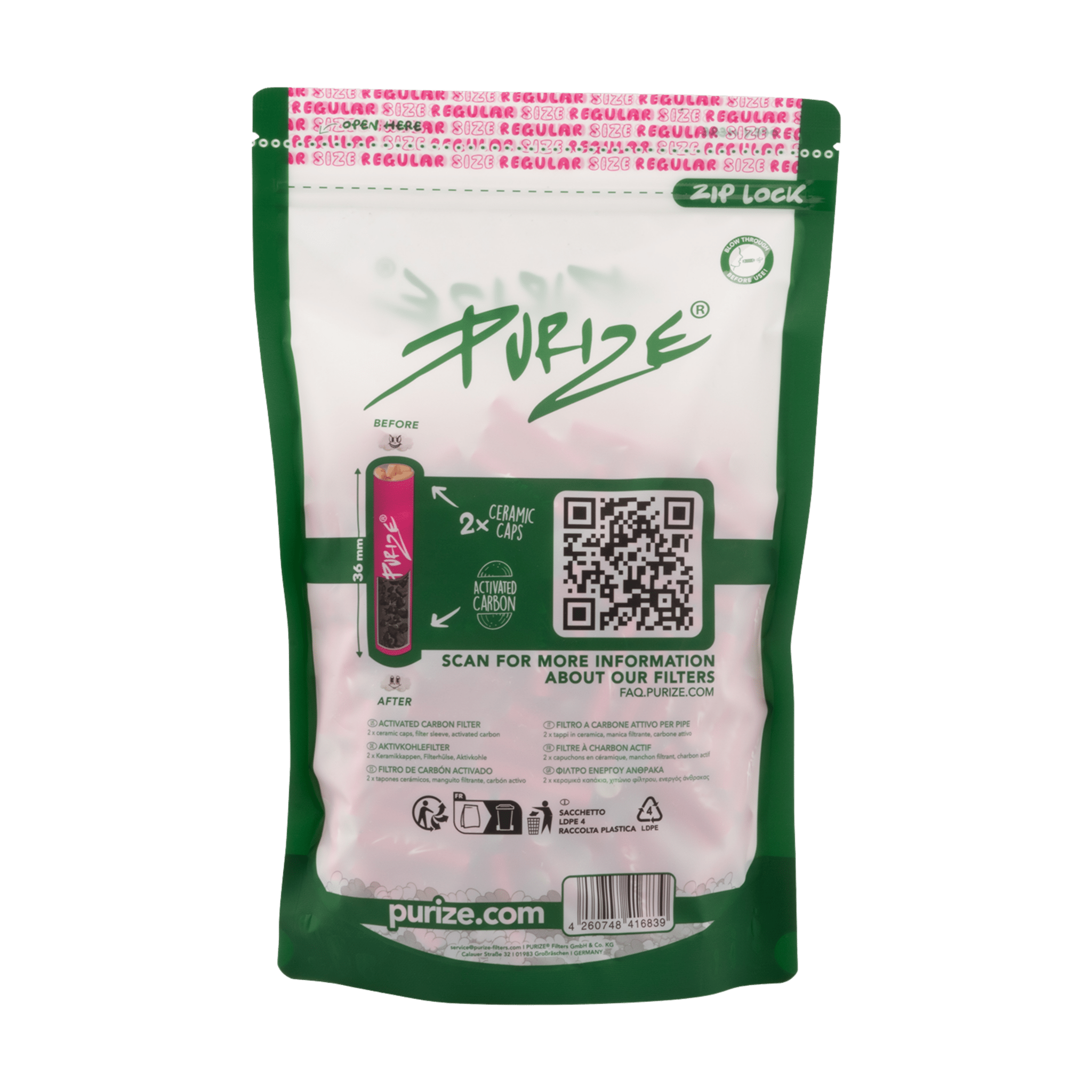 Rückseite PURIZE Regular 9mm Aktivkohlefilter Pink 250 Stück Beutel