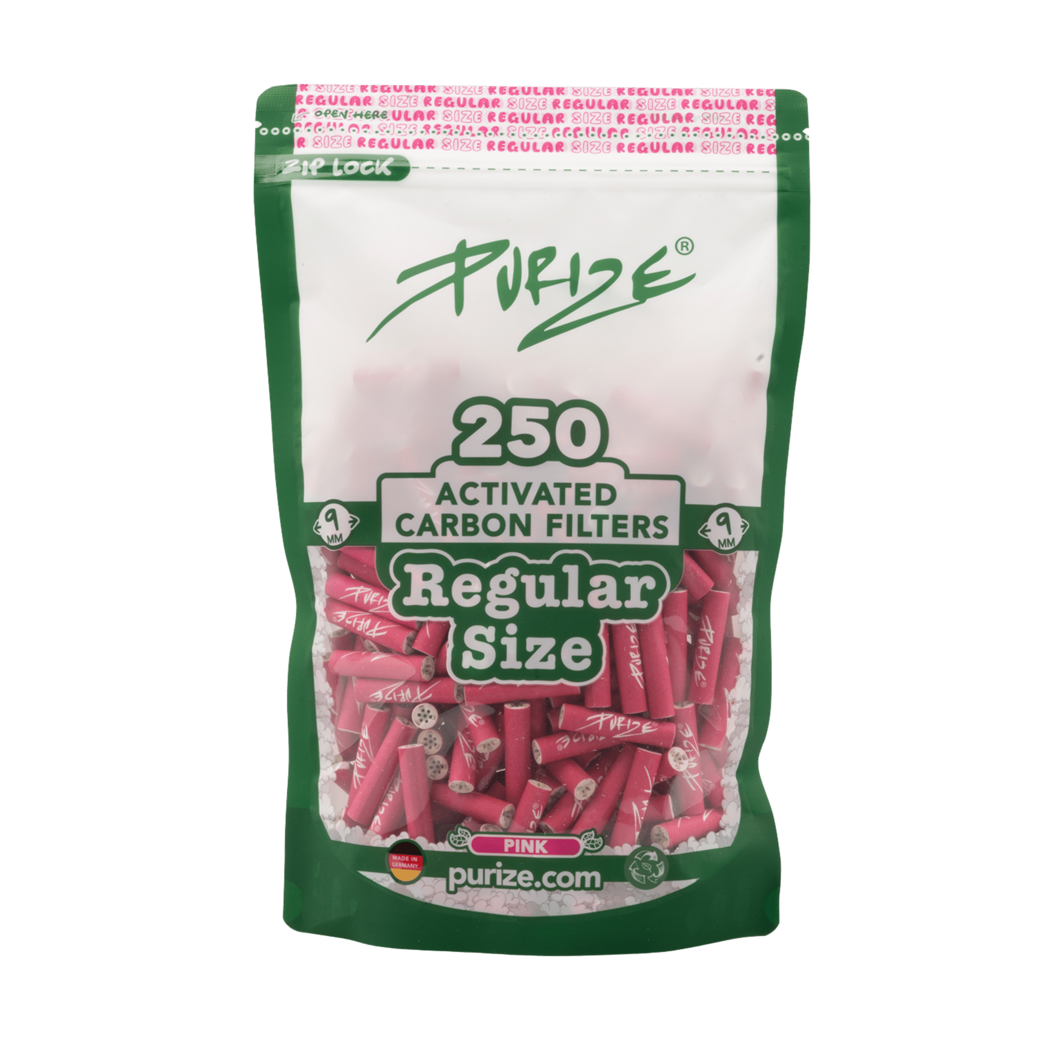 PURIZE Regular Aktivkohlefilter 9mm Pink 250 Stück Beutel