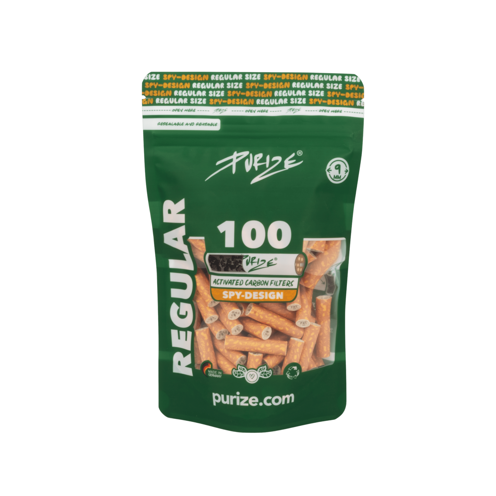 PURIZE Regular 9mm Aktivkohlefilter Spy 100 Stück Packung