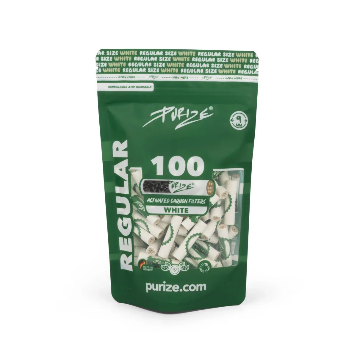 PURIZE Regular 9mm Aktivkohlefilter White 100 Stück Packung