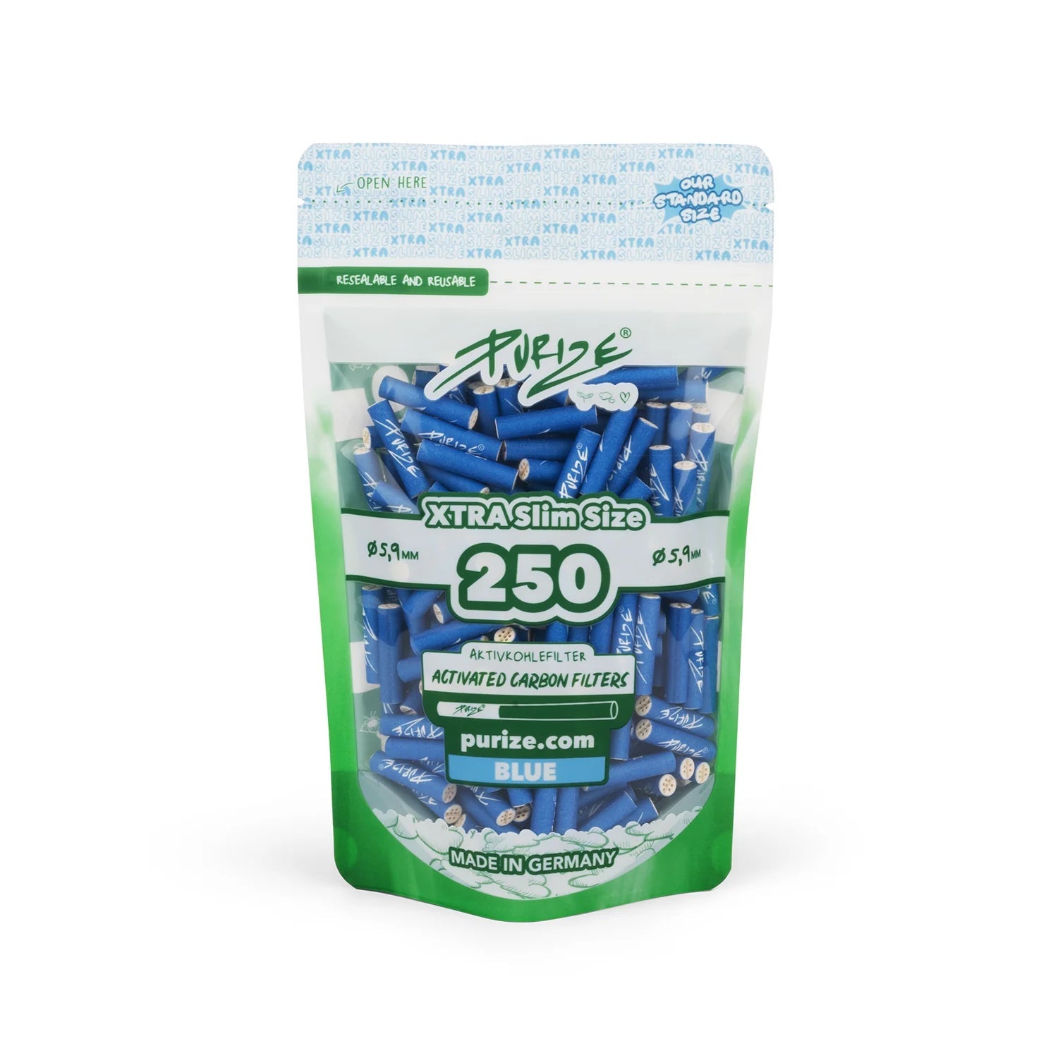 PURIZE XTRA Slim Aktivkohlefilter 6mm Blue 250er Beutel