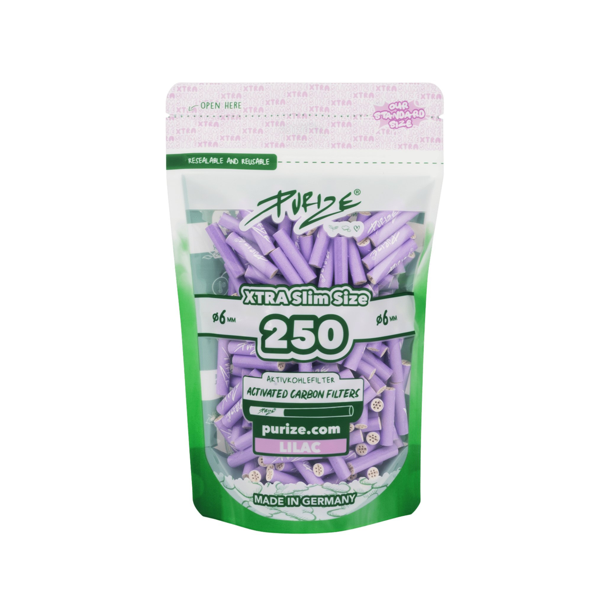 PURIZE XTRA Slim 6mm Aktivkohlefilter Lilac 250 Stück