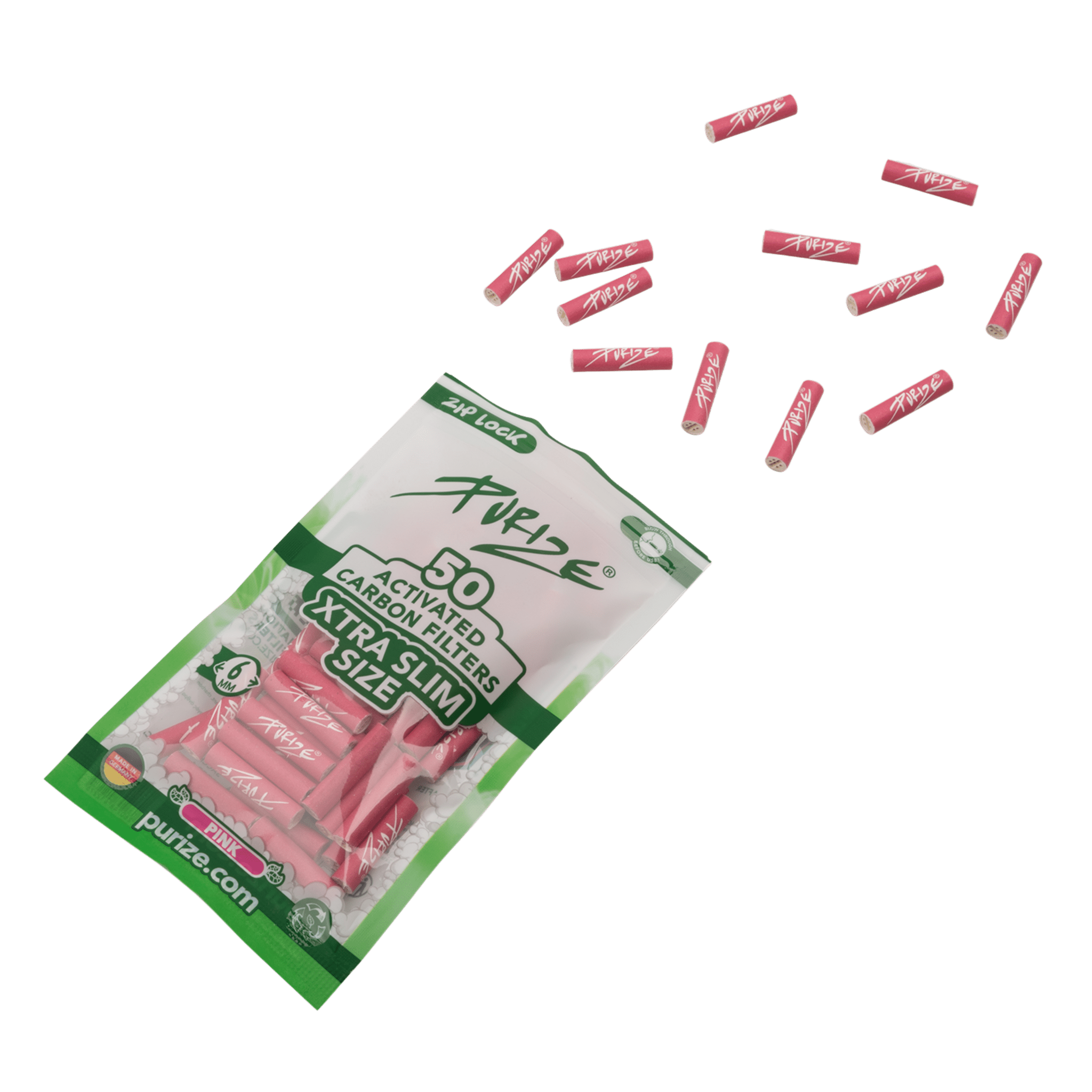 Detailansicht PURIZE 6mm Aktivkohlefilter Pink mit Keramikkappen