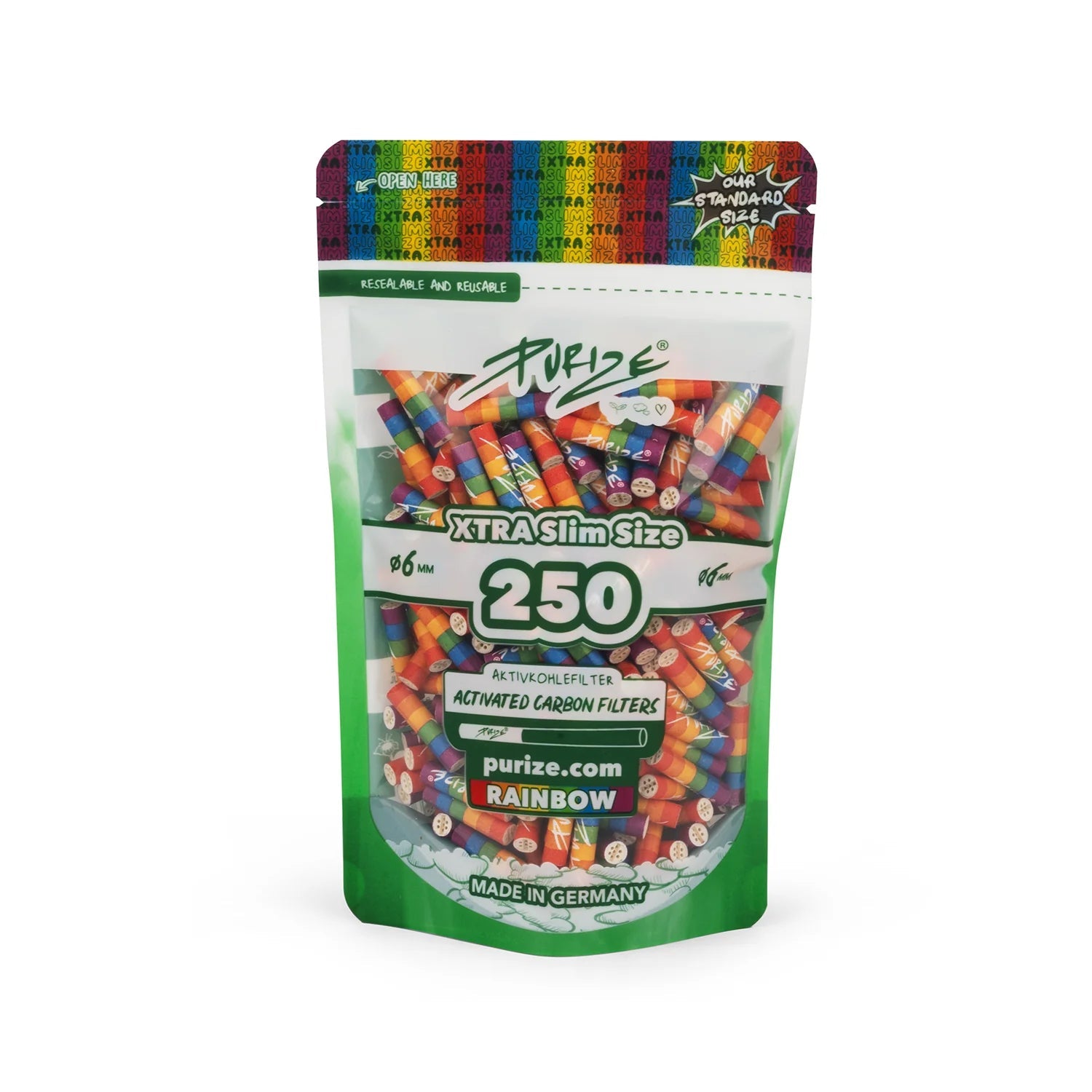 PURIZE XTRA Slim 6mm Aktivkohlefilter Rainbow 250 Stück Beutel
