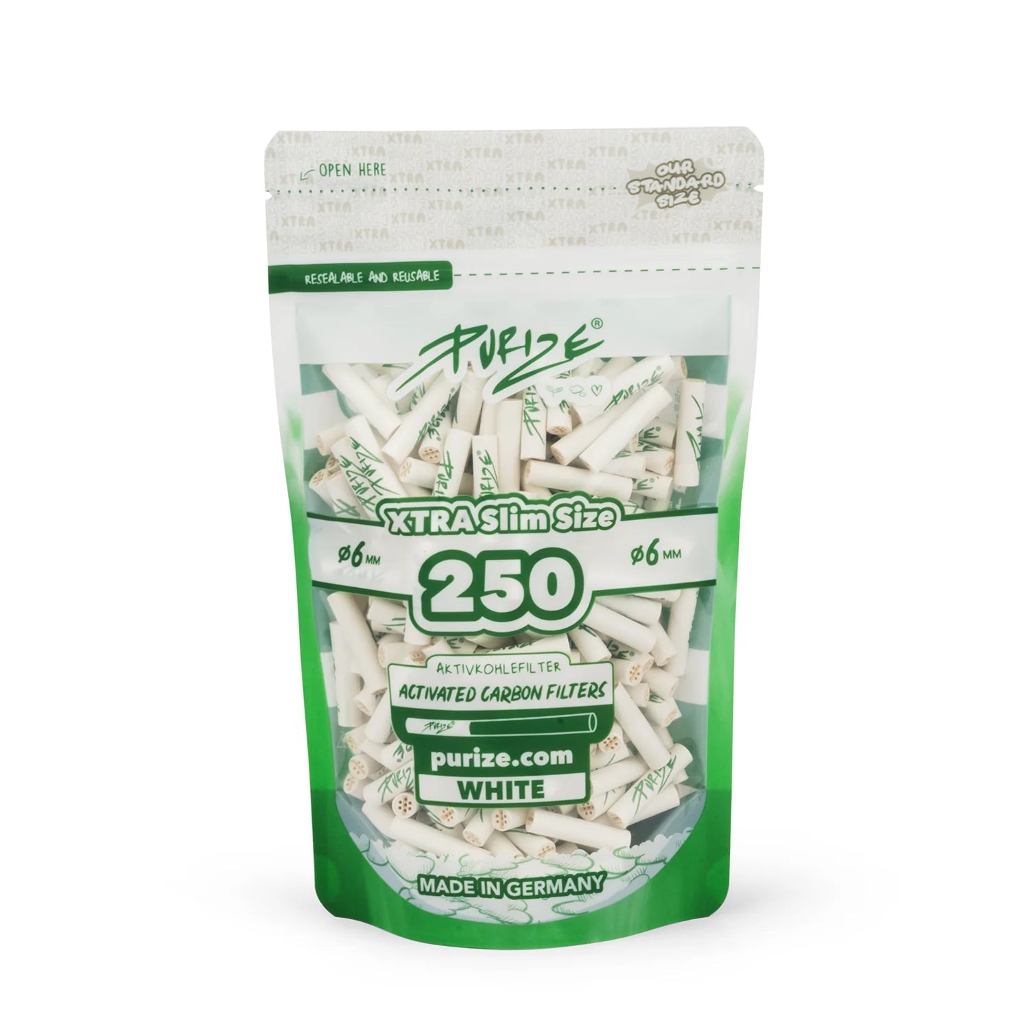 PURIZE XTRA Slim 6mm Aktivkohlefilter White 250 Stück Beutel