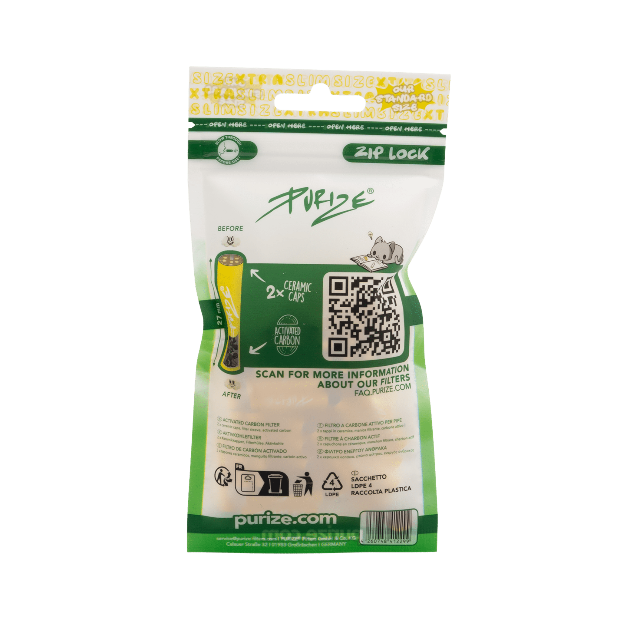 Rückseite PURIZE XTRA Slim 6mm Yellow Aktivkohlefilter Beutel