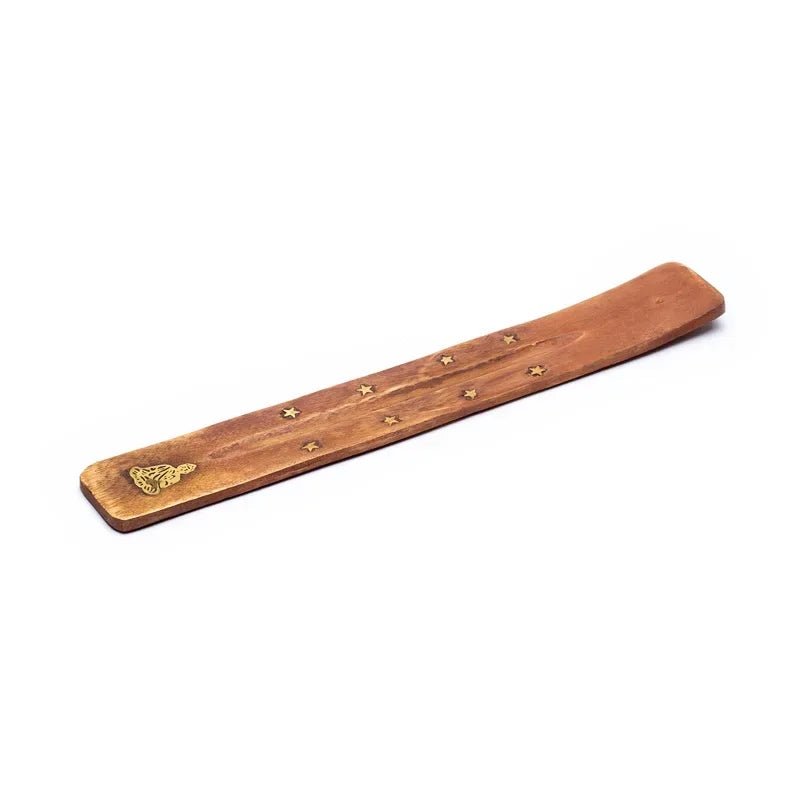 Seitenansicht Holz Räucherstäbchenhalter Buddha mit Stäbchenöffnung