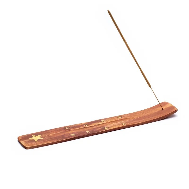 Räucherstäbchenhalter aus Holz mit Stern-Emblem aus Metall