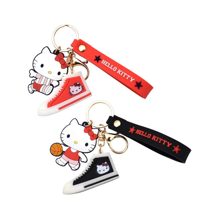 Hello Kitty Schlüsselanhänger Detailansicht mit Figur, Mini-Sneaker und Armband in zwei Farben