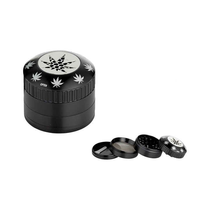 Alu-Grinder 4-teilig, 50 mm, Hanfblatt Schwarz – Mühle für Kräuter und Tabak