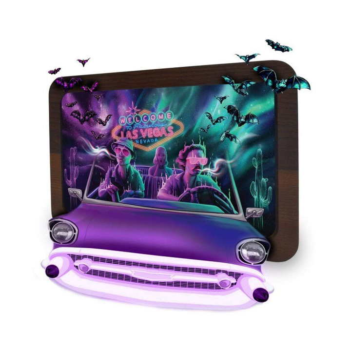 V Syndicate 3D Wood Rolling Tray Bat Country aus Holz mit Las Vegas Motiv, Cabrio und Fledermäusen