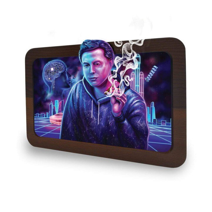 V Syndicate 3D Holz Rolling Tray mit rauchendem Mann vor Neon Stadt Kulisse