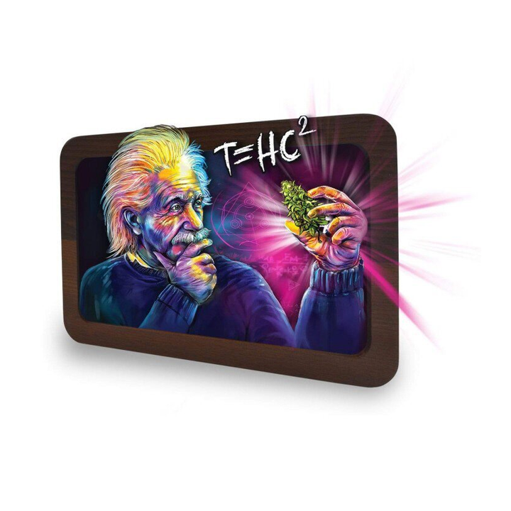 V Syndicate 3D Wood Rolling Tray mit Einstein Motiv und THC Formel in Holzoptik