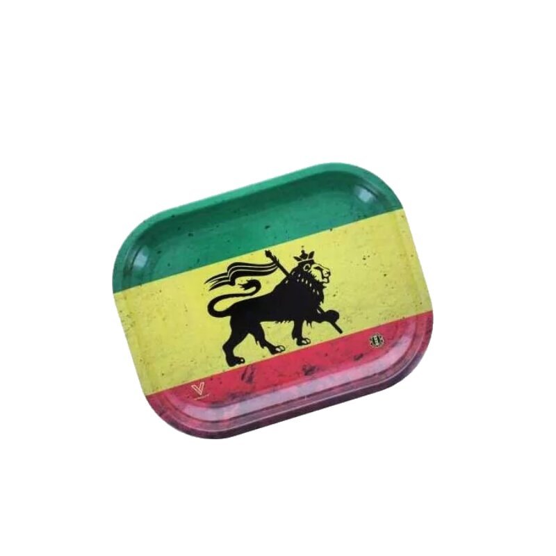 Detailansicht des Rasta Lion Designs auf dem Metall Rolling Tray