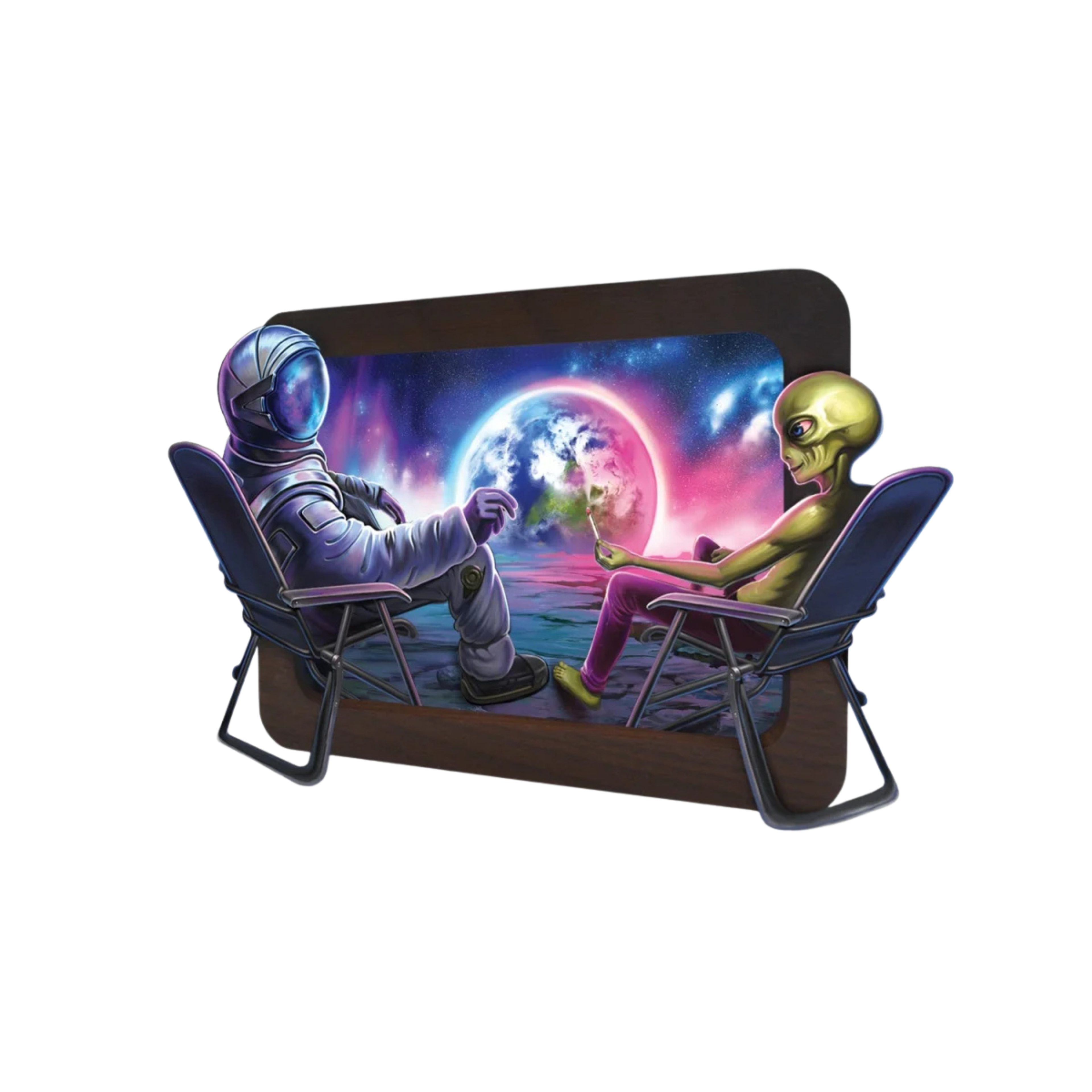 Detailansicht des 3D Holz Rolling Trays Blunt Orbit mit holografischem Motiv