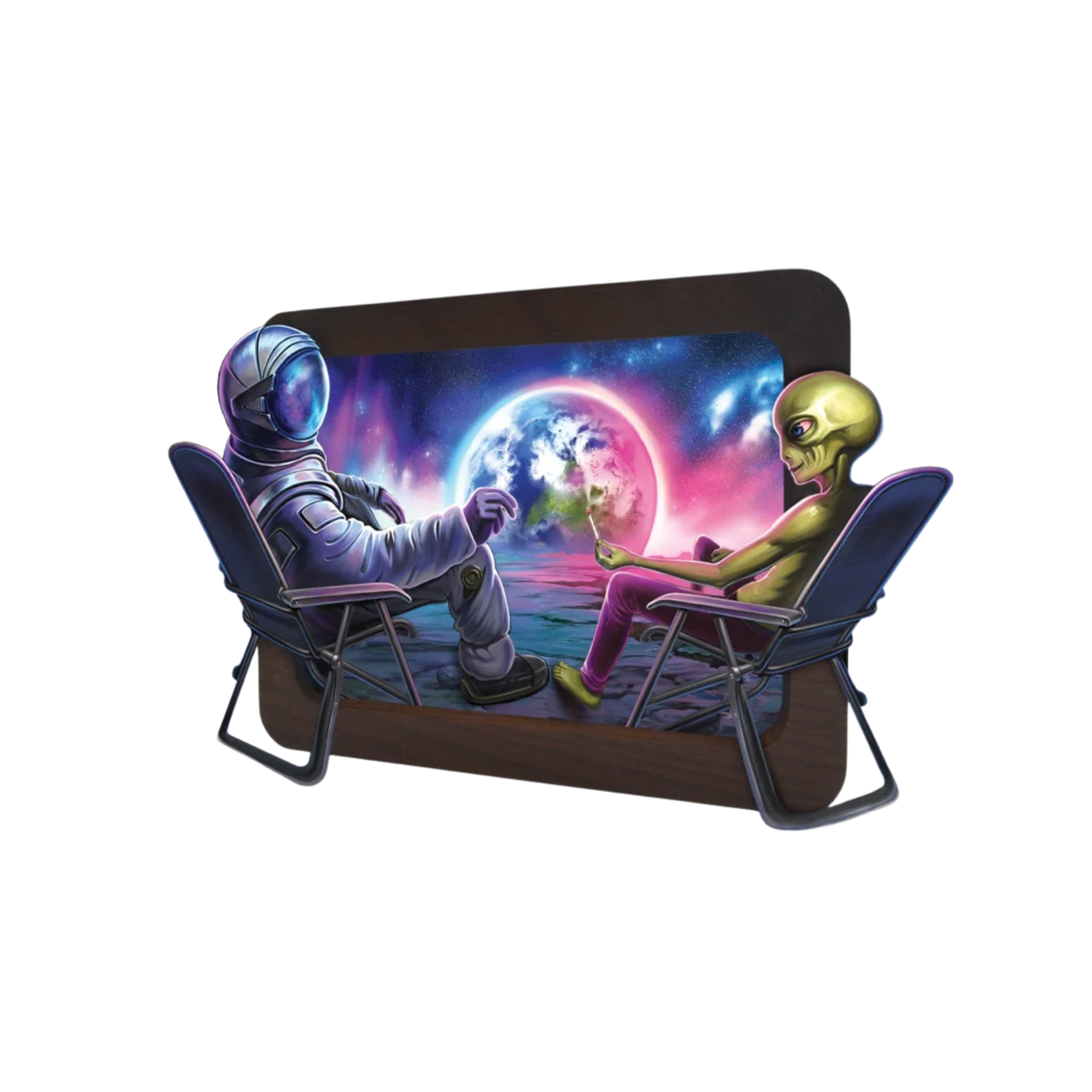 Detailansicht des 3D Holz Rolling Trays Blunt Orbit mit holografischem Motiv