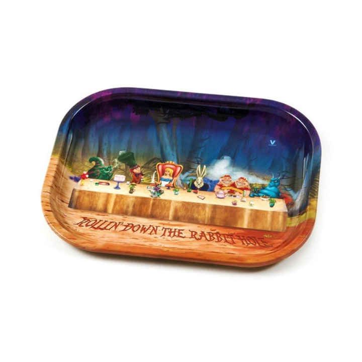 V Syndicate Rolling Tray mit Alice Teeparty Szene und Rabbit Hole Schriftzug