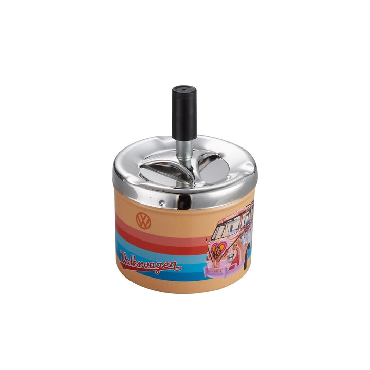 Oranger VW Samba Drehaschenbecher aus Metall mit Drehdeckel