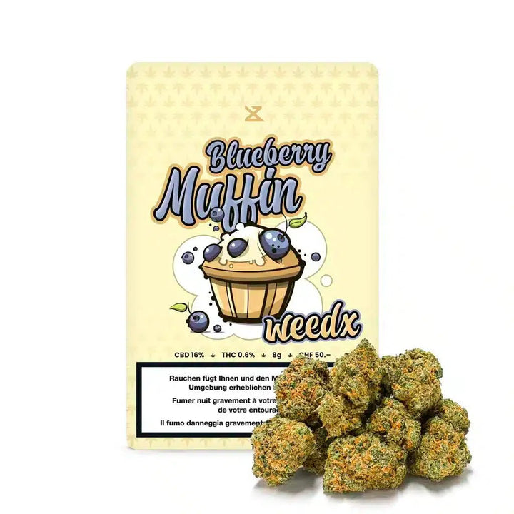 Weedx Blueberry Muffin Indoor CBD Blüten 8g Packung Vorderseite