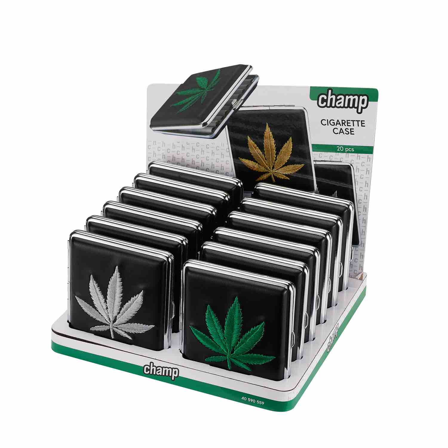 Display mit 12 Hemp Leaf Zigarettenetuis, 20er Metall
