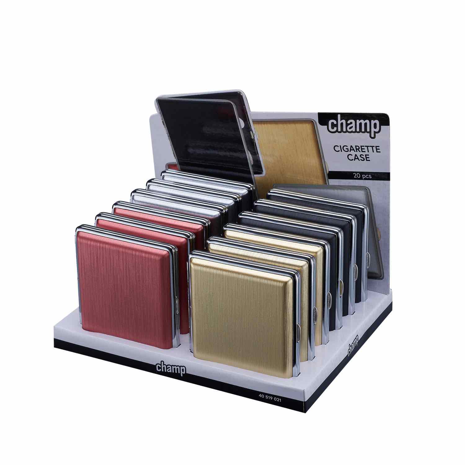 Display mit 12 matt gebürsteten 20er Zigarettenetuis