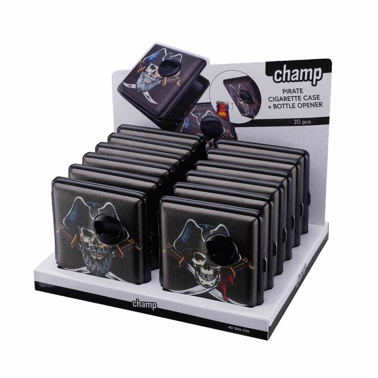 Display mit 12 Piraten Totenkopf Zigarettenetuis mit Flaschenöffner
