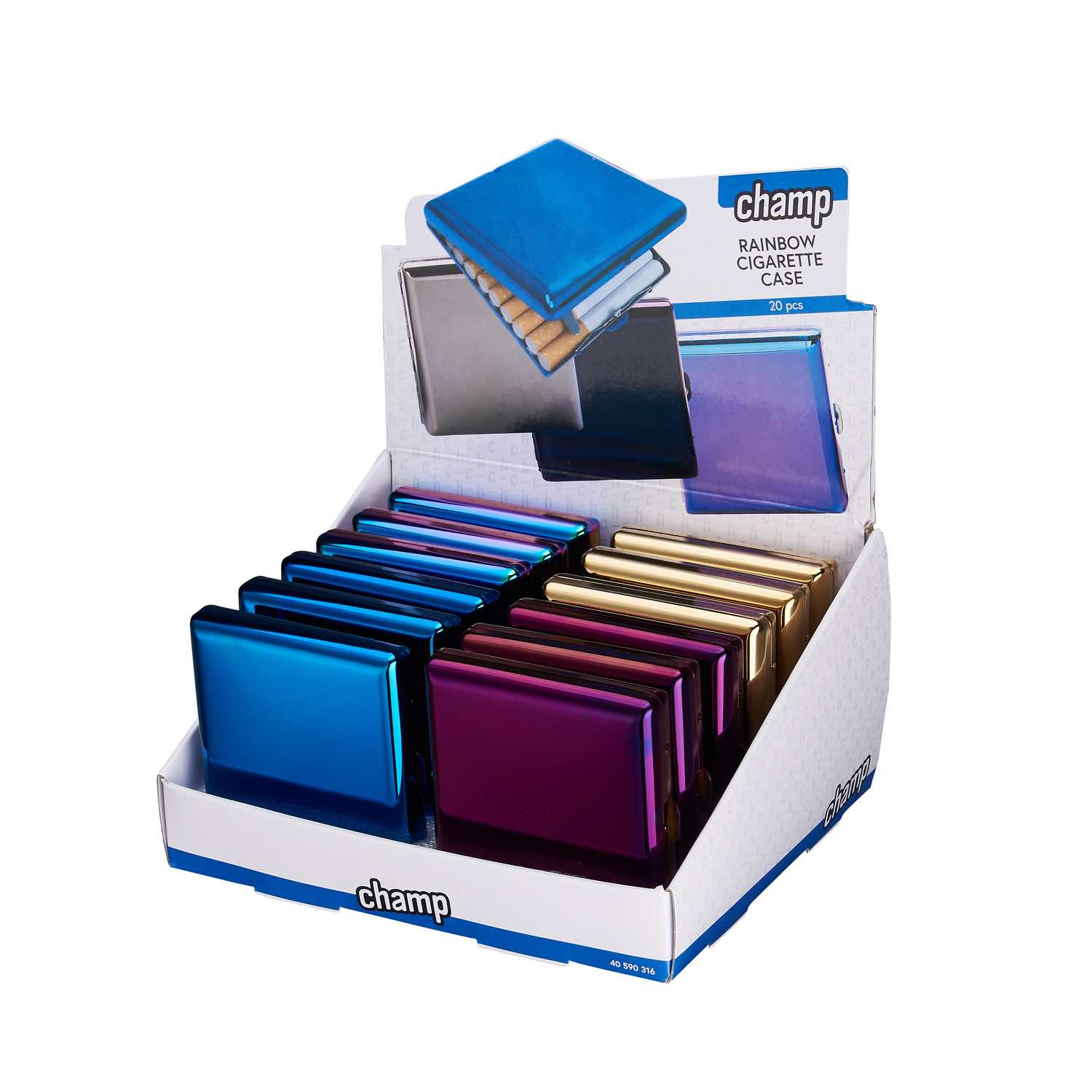 Display mit 12 Rainbow Zigarettenetuis aus Metall
