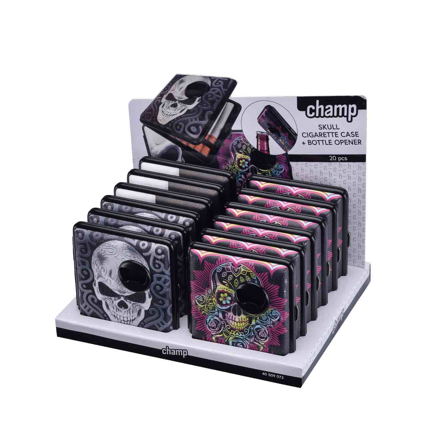 Display-Box mit 12 Totenkopf Zigarettenetuis mit Flaschenöffner