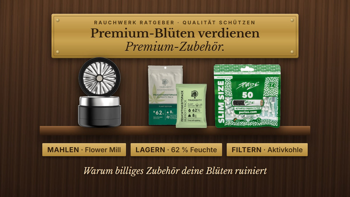 Premium-CBD-Blüten schützen: Flower Mill Grinder, Truemidity Humidity Pack 62 % und Purize Aktivkohlefilter auf Holzregal im Humidor-Look | Rauchwerk Ratgeber
