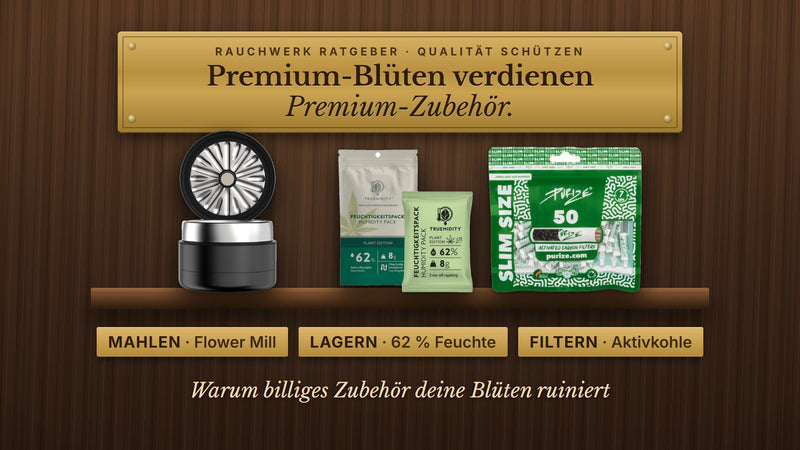 Premium-CBD-Blüten schützen: Flower Mill Grinder, Truemidity Humidity Pack 62 % und Purize Aktivkohlefilter auf Holzregal im Humidor-Look | Rauchwerk Ratgeber