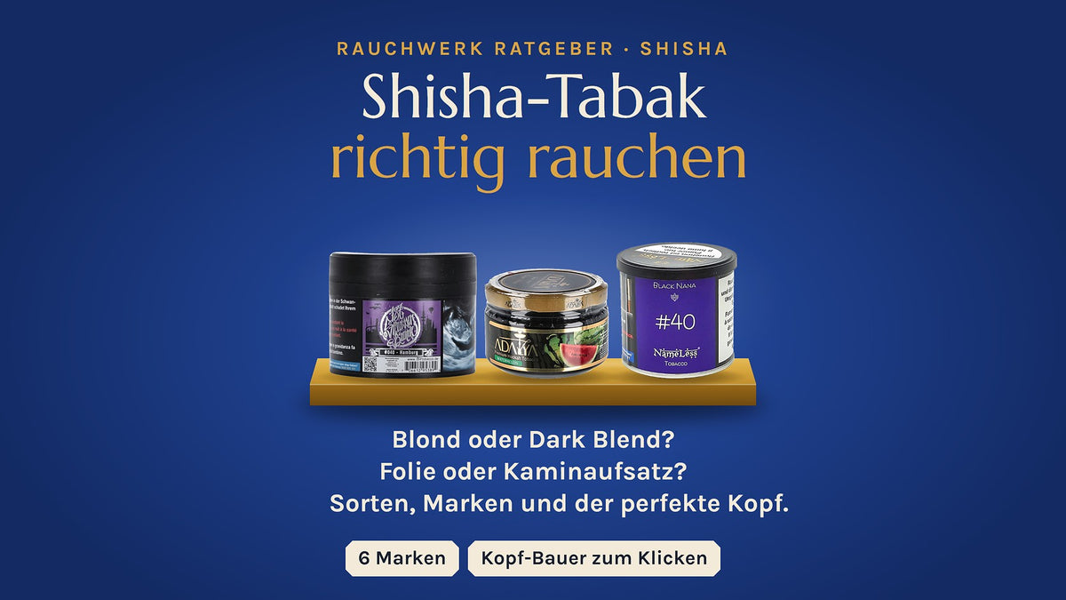 Shisha-Tabak-Guide: 187 Strassenbande Hamburg, Adalya Watermelon und Nameless Black NaNa Dosen stehen auf einem flachen Messing-Podest vor tiefblauem Hintergrund