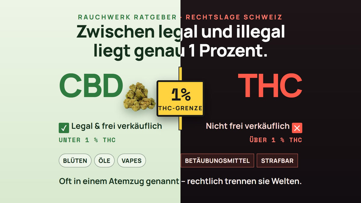 THC vs CBD in der Schweiz: die 1-Prozent-Grenze – CBD legal und frei verkäuflich unter 1 % THC, THC darüber nicht frei verkäuflich; Weedx CBD-Blüten | Rauchwerk Ratgeber