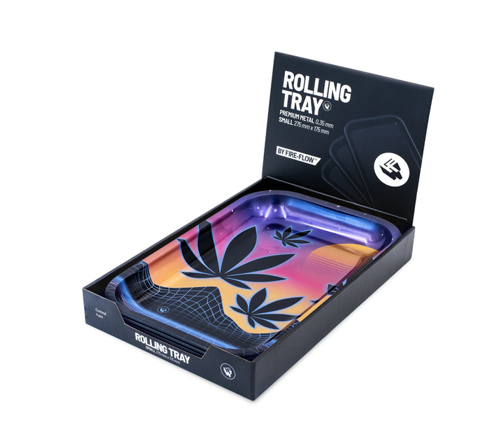 FireFlow Rolling Tray Leaves in schwarzer Verpackung mit Sonnenuntergang Motiv