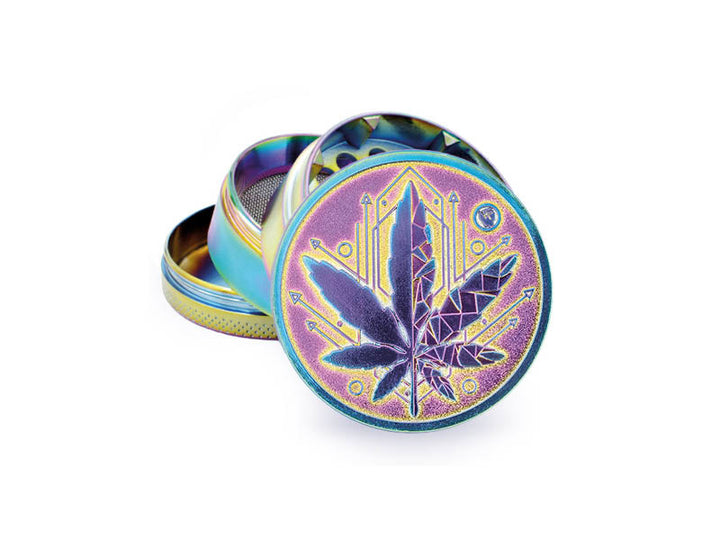 FireFlow Grinder Icy in Regenbogen-Optik mit geometrischem Hanfblatt, 4-teilig
