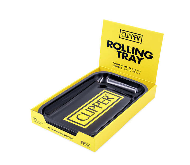 Schwarzes Clipper Rolling Tray in gelber Display Box mit Premium Metal Aufschrift