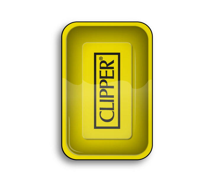 Gelbes Clipper Rolling Tray von FireFlow mit schwarzem Clipper Logo, Draufsicht