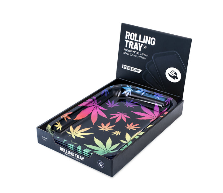 Display mit 4 FireFlow Rolling Trays Leaves Gradient 27.5 x 17.5 cm geöffnet
