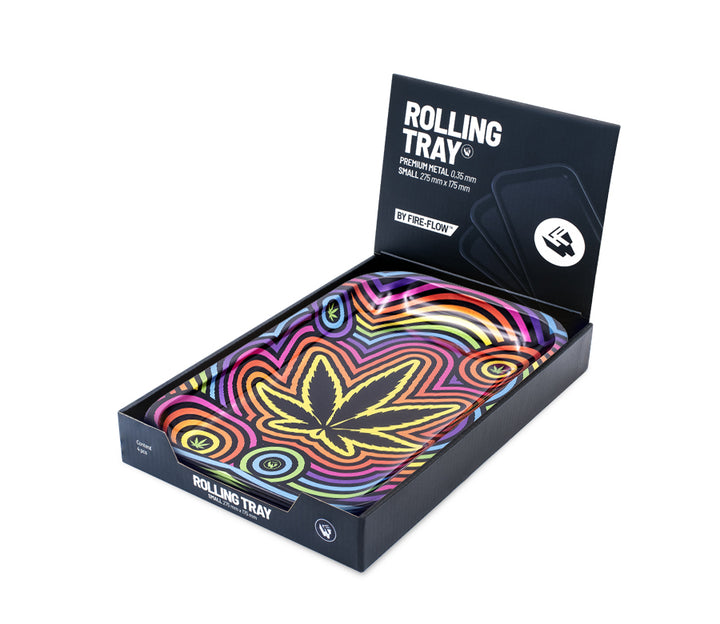 FireFlow Rolling Tray Circle Leaf in geöffneter Display-Box mit Fire-Flow Logo